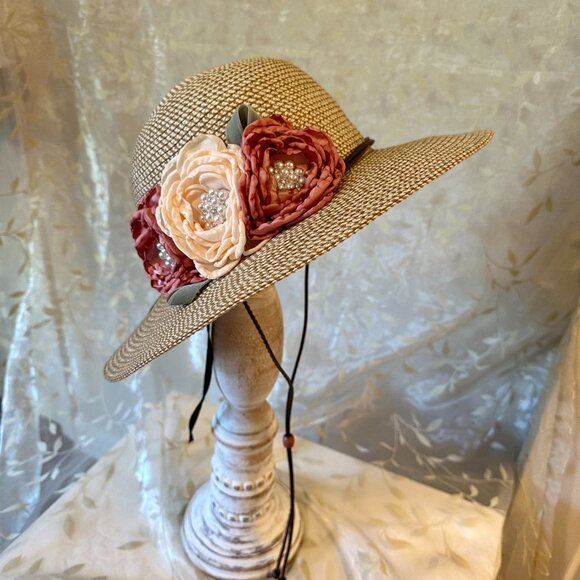 Elegant Women's Tweed Sun Hat With Satin Flowers And Pearls Special Event (NEW) - Picture 9 of 12